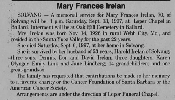 Obituary for Mary Frances Irelan, 1926-1997 (Aged 70)